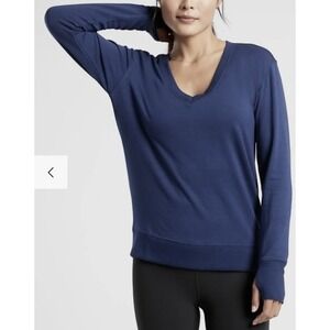Athleta Sunrise V Neck Sweatshirt Athleisure Loungewear Cozy Navy Blue Large